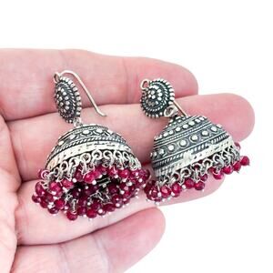 Vintage Silver Tone Red Glass Bead Indian Jhumka Earrings